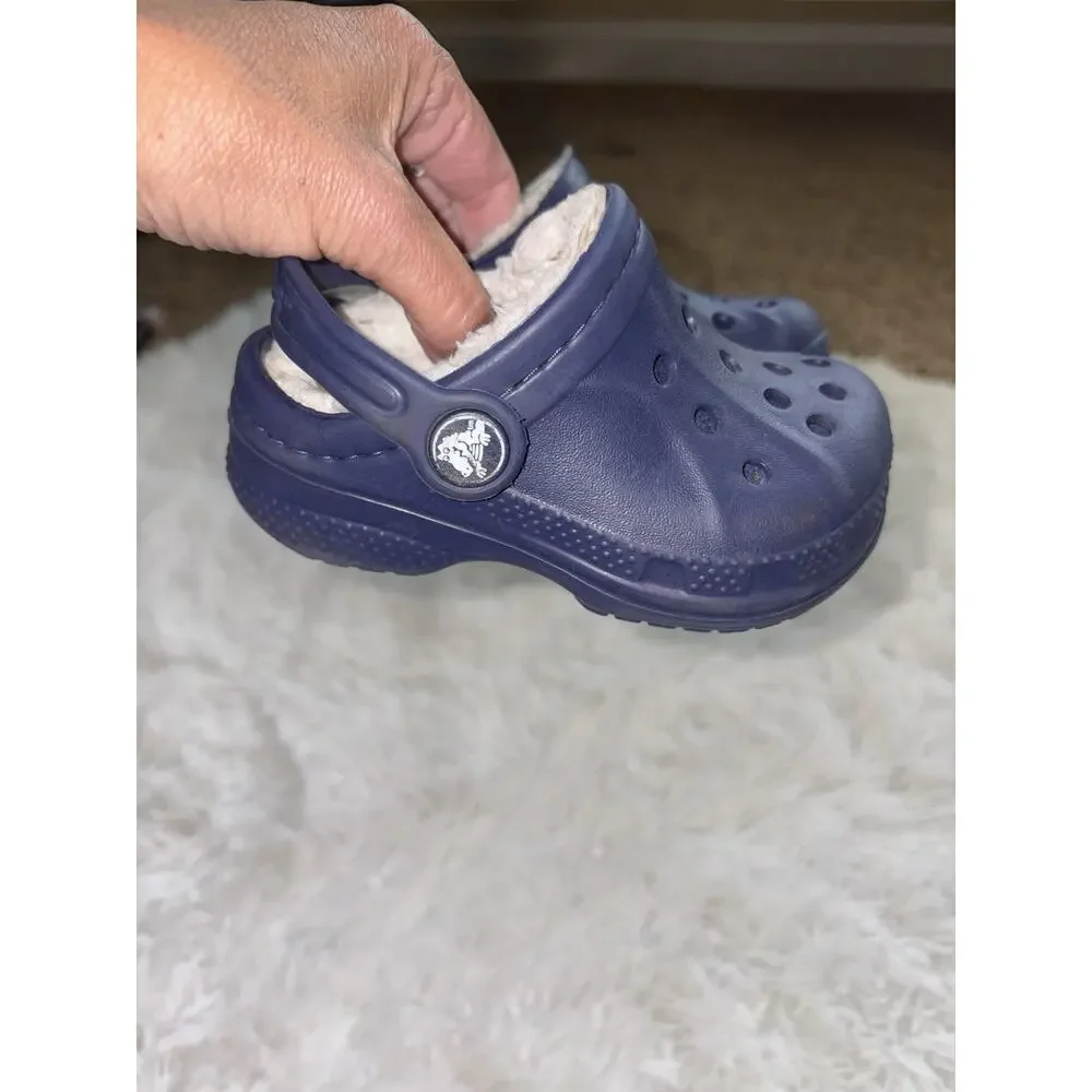 Crocs Furry Lined Toddler 6/7 Blue Slip On Mules. Classic, Grt. Shape